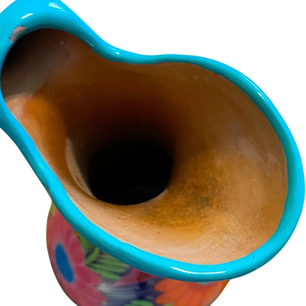 Terracotta hand-painted floral‎ jug bright boho unique clay flowers, Mexican